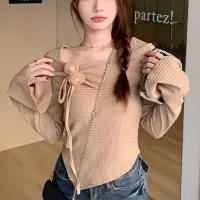 韩版时尚气质T恤秋季新款女装设计感修身不规则长袖纯色短款上衣