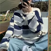 韩版条纹T恤女装宽松百搭新款春秋季中长款长袖上衣服ins潮