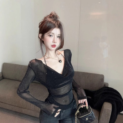 韩版独特别致修身显瘦甜辣妹v领锁骨短款上衣设计感打底衫潮