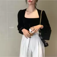 黑色方领打底衫女内搭洋气春秋冬新款泡泡袖法式复古露锁骨上衣潮