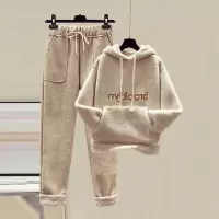 仿羊羔绒加厚套装女秋冬新刺绣卫衣女+毛呢阔腿裤女两件套