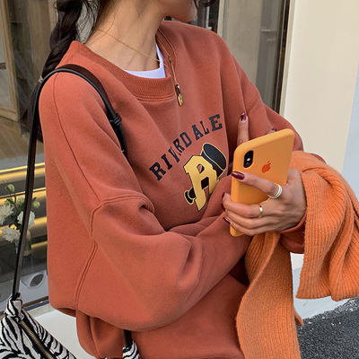 加绒宽松休闲卫衣女秋冬外套古着圆领长袖打底衫上衣韩国女装
