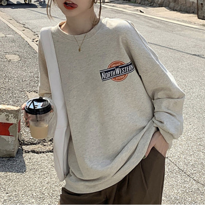 加绒宽松休闲卫衣女秋冬外套古着圆领长袖打底衫上衣韩国女装