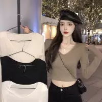 春夏短款修身露脐打底衫女深u领性感长袖T恤女纯色上衣女韩国女装