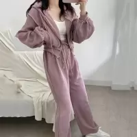 春秋季薄款时尚套装休闲宽松直筒裤女套装宽松显瘦拉链连帽两件套