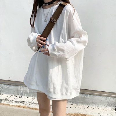 混纺棉 2020秋季韩版新款宽松纯色长袖卫衣女衣服上衣女装