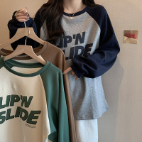 秋冬加厚磨毛撞色插肩袖字母印花T恤女慵懒宽松大版休闲圆领卫衣