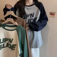 秋冬加厚磨毛撞色插肩袖字母印花T恤女慵懒宽松大版休闲圆领卫衣