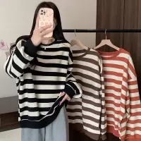 美式复古印花圆领卫衣女秋冬条纹打底衫加绒款休闲宽松上衣薄款潮