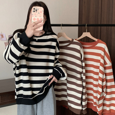 美式复古印花圆领卫衣女秋冬条纹打底衫加绒款休闲宽松上衣薄款潮