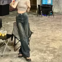 美式辣妹复古牛仔裤子女欧美微喇叭vibe风做旧水洗直筒长裤ins潮