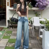 蓝色高腰直筒牛仔裤女夏季新款港风复古韩版宽松显瘦阔腿长裤子潮