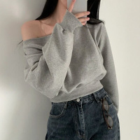薄款纯色打底衫气质一字领露肩宽松休闲上衣女性感短款长袖卫衣女