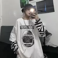 韩版秋季新款宽松假两件条纹长袖T恤女chic港味学生上衣女装