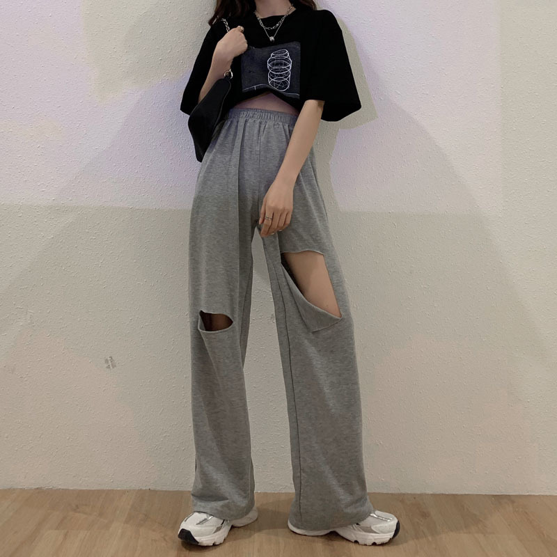 高腰破洞裤女夏设计感小众薄款休闲垂感阔腿裤拖地裤运动裤女装潮