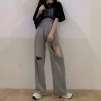 高腰破洞裤女夏设计感小众薄款休闲垂感阔腿裤拖地裤运动裤女装潮
