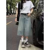 高街hiphop七分牛仔裤女夏季新款小个子高腰宽松显瘦阔腿直筒短裤