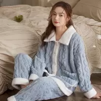 2025年新款法兰绒睡衣女冬珊瑚绒加厚加绒保暖V领开衫家居服套装