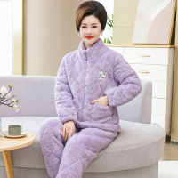 中老年睡衣女秋冬季三层加厚加绒玉狐绒夹棉保暖空气棉家居服套装