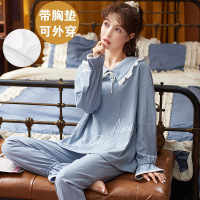 可外穿睡衣女士秋冬季棉质长袖长裤带胸垫卡通宽松青年家居服套装
