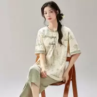 国风新中式新款棉质套装夏季女士短袖七分裤休闲家居服薄款可外穿