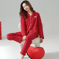 女士睡衣秋冬季长袖棉质开衫翻领新娘新婚大红色本命年加大码套装