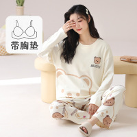 带胸垫睡衣女棉质秋冬季女士长袖可爱大码外穿休闲甜美家居服套装