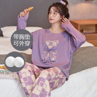 带胸垫睡衣女秋冬季长袖免穿文胸防凸点可外穿学生家居服套装大码