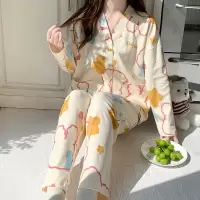 年春秋季新款睡衣女棉质长袖开衫V领和服甜美休闲家居服套装