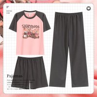 夏季三件套睡衣女短袖七分裤睡裙韩版可爱卡通少女家居服套装