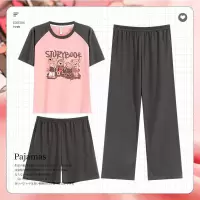 夏季三件套睡衣女短袖七分裤睡裙韩版可爱卡通少女家居服套装