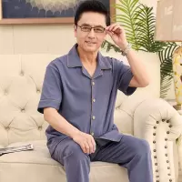 新款睡衣男夏季短袖长裤开衫翻领家居服中老年爸爸可外穿宽松套装
