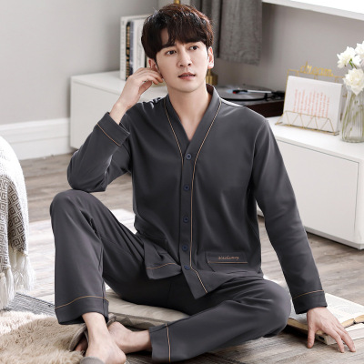 春秋款睡衣男士棉质长袖青年休闲开衫V领宽松大码秋季家居服套装