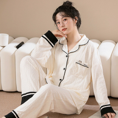 睡衣女士秋冬季棉质开衫长袖长裤套装翻领提花家居服秋冬款可外穿