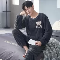 睡衣男士秋冬季珊瑚绒加厚保暖可外穿卡通小熊法兰绒家居服套装
