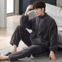 睡衣男士秋冬季珊瑚绒加绒加厚保暖连帽法兰绒宽松大码家居服套装