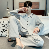 睡衣男秋冬季棉质长袖开衫韩版华夫格宽松运动休闲大码家居服套装
