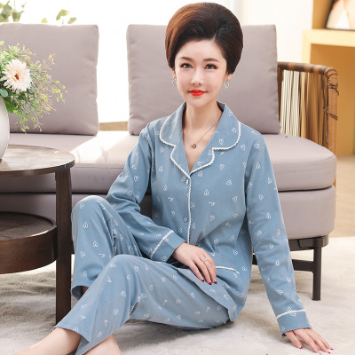 秋冬季睡衣女士棉质长袖开衫翻领中老年人妈妈大码宽松家居服套装