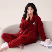 秋冬季睡衣女士法兰绒开衫冬天加厚加绒珊瑚绒大红结婚家居服套装