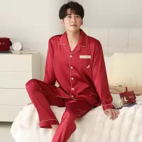 秋冬季高级感长袖冰丝睡衣男翻领开衫休闲加大码家居服套装可外穿