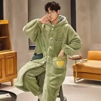 长毛袍睡衣冬季珊瑚绒男士加厚加绒法兰绒连帽家居服冬天保暖套装