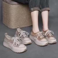 头层牛皮厚底拼色板鞋女2025春季新款舒适百搭休闲鞋圆头系带单鞋