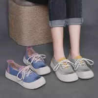 牛皮拼色圆头休闲鞋女2025春季新款平底系带单鞋时尚百搭真皮女鞋