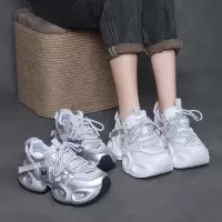 真皮厚底镶钻老爹鞋女2025春季新款轻便舒适网面透气运动休闲鞋
