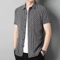 含蚕丝亚麻短袖衬衫男2025夏季新款中年休闲条纹翻领口袋男士衬衣
