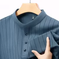 2025春季新款亨利领长袖T恤男竖条纹中年商务休闲透气男士polo衫