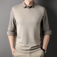2025年春季新款男士假两件POLO衫商务通勤百搭翻领长袖T恤男打底
