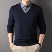 2025春季新款纯色男士假两件T恤男休闲商务百搭中年翻领polo衫男