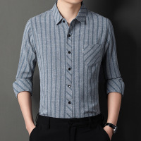 2025春季新款长袖衬衫男竖条纹中年休闲爸爸翻领透气真口袋衬衣男