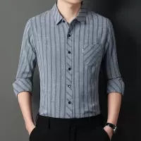 2025春季新款长袖衬衫男竖条纹中年休闲爸爸翻领透气真口袋衬衣男